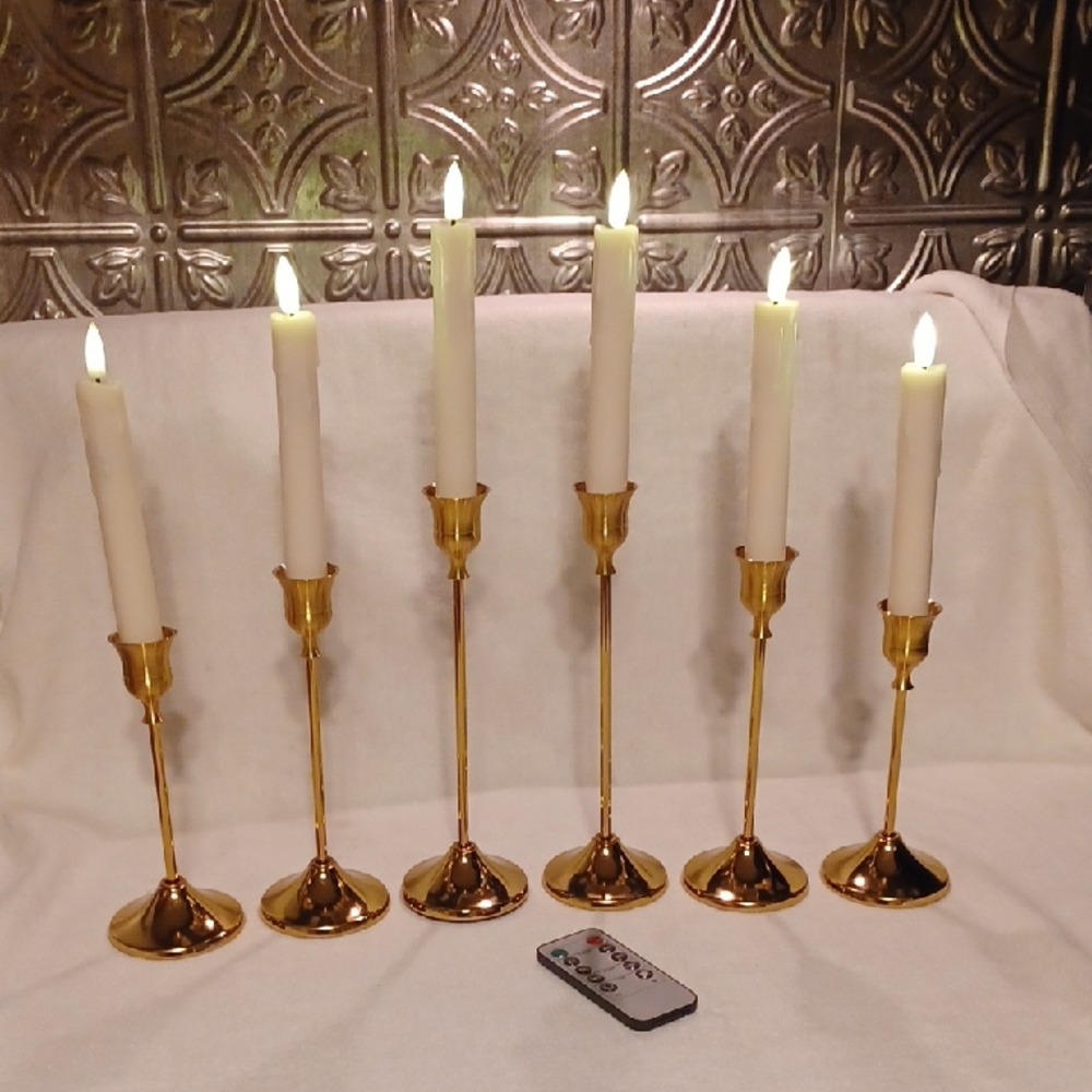 Elegant Gold Candle Holders Set Of Six With Remote Control Candled And Batteries